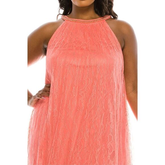 Adrianna Papell 10 High Neck Sleeveless Cocktail Dress Coral Pink Lace Overlay - Picture 4 of 14
